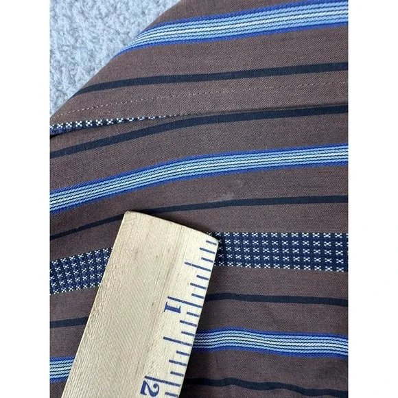 Johnston & Murphy Shirt Mens Medium Brown Blue Striped Tailored Fit Long Sleeve
